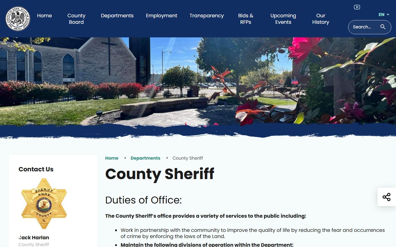 Knox County government sheriff page with contact options for inmate records