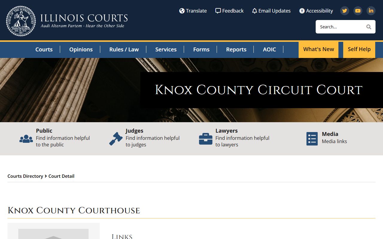 Illinois Courts directory entry for the Knox County Courthouse and court records