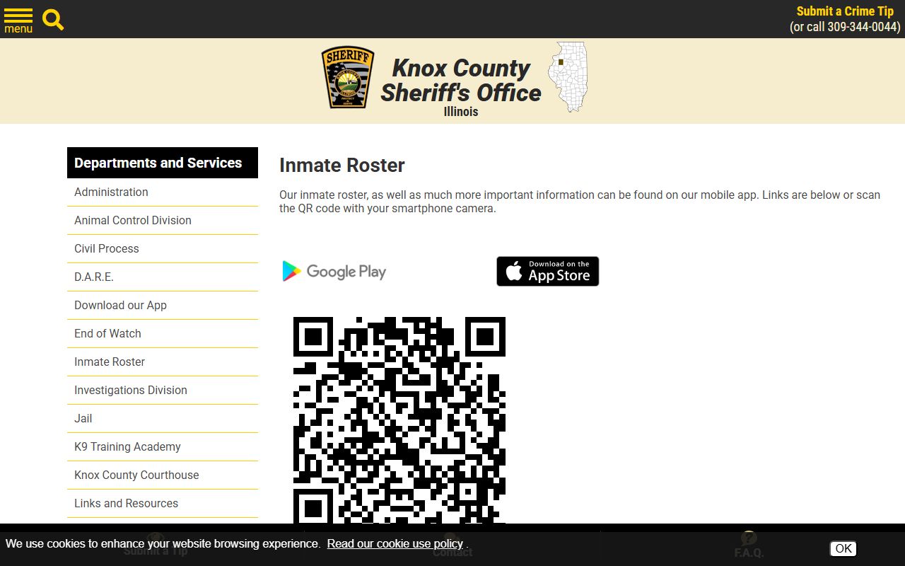 Knox County inmate roster page directing to the sheriff mobile app for inmate population search