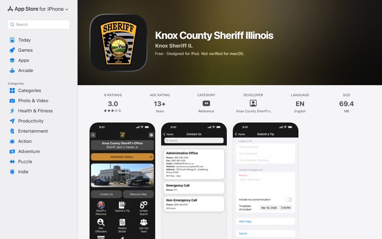 Apple App Store listing for the Knox County Sheriff app used for jail lookups