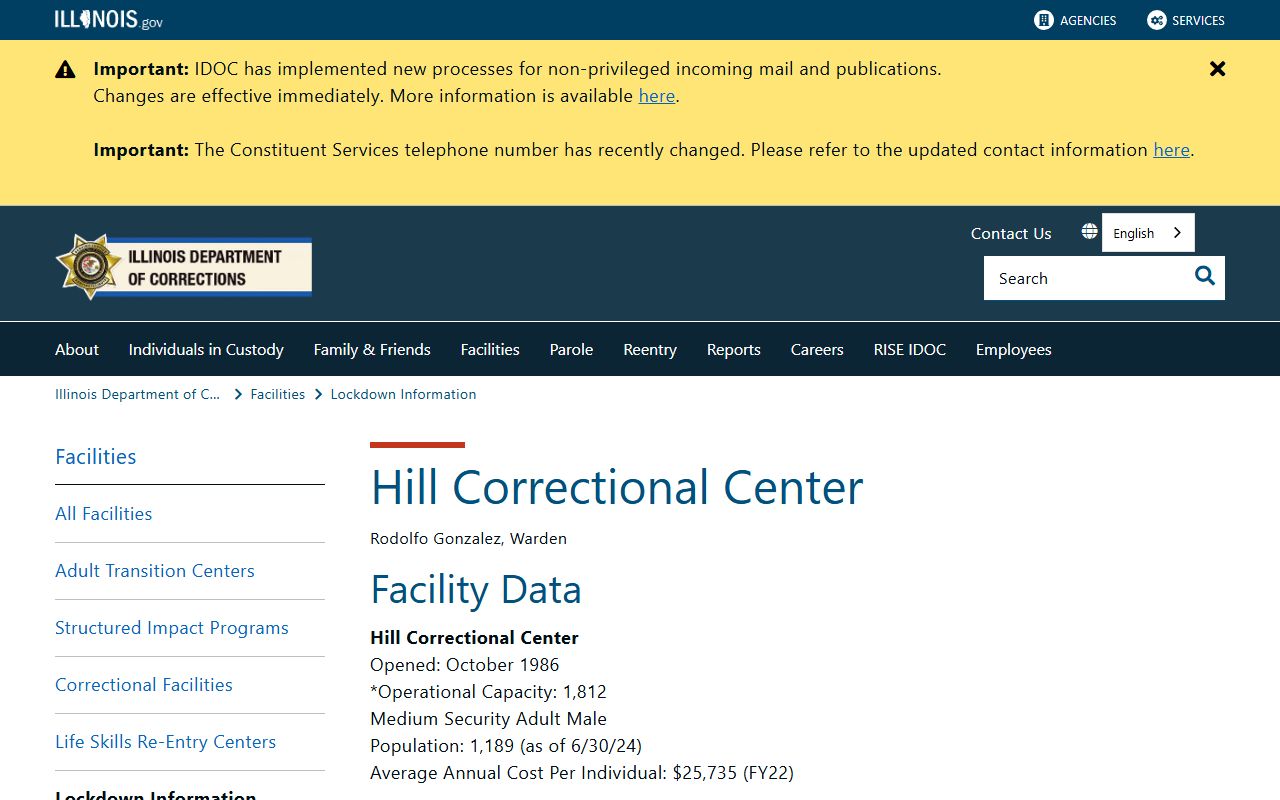 Hill Correctional Center IDOC facility page for the state prison inmate locator