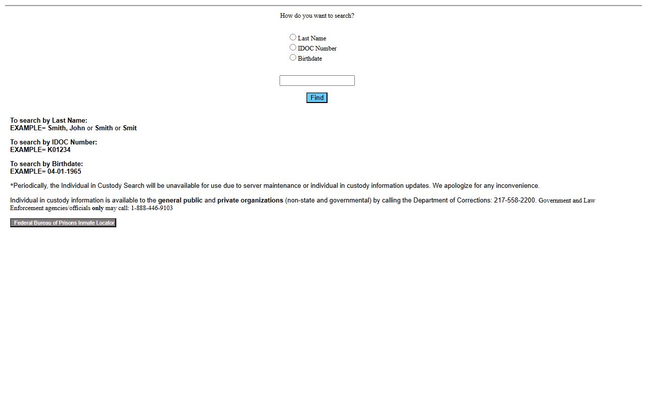 Illinois IDOC search form fields for sentenced Knox County inmate records