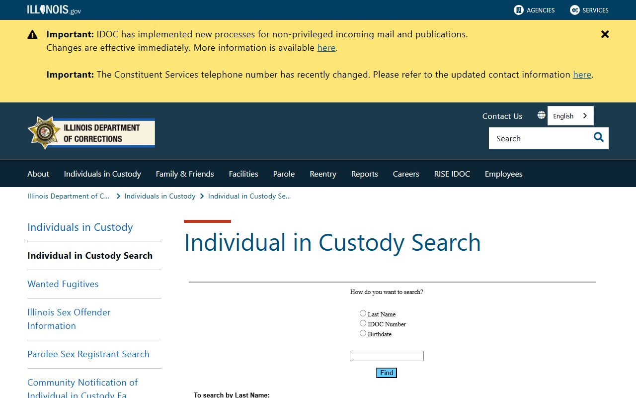 Illinois IDOC Individual in Custody Search for the state prison inmate population