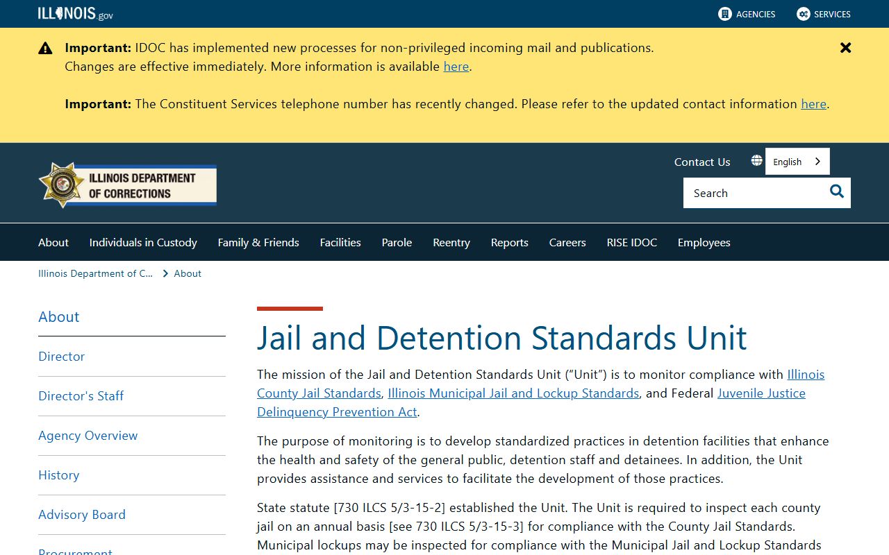 Illinois IDOC jail standards page governing the Knox County inmate population